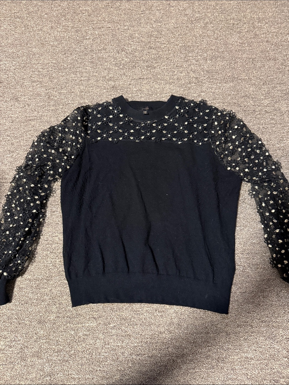 Black Embellished Mesh Sleeve Crewneck Sweater - Women